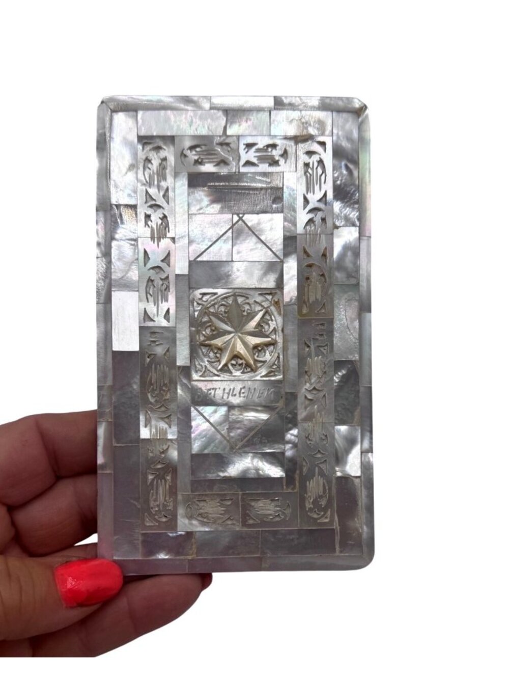 Handcrafted Mother Of Pearl Bethlehem Plaque Star Design 4.5" X 2.5" Decorative